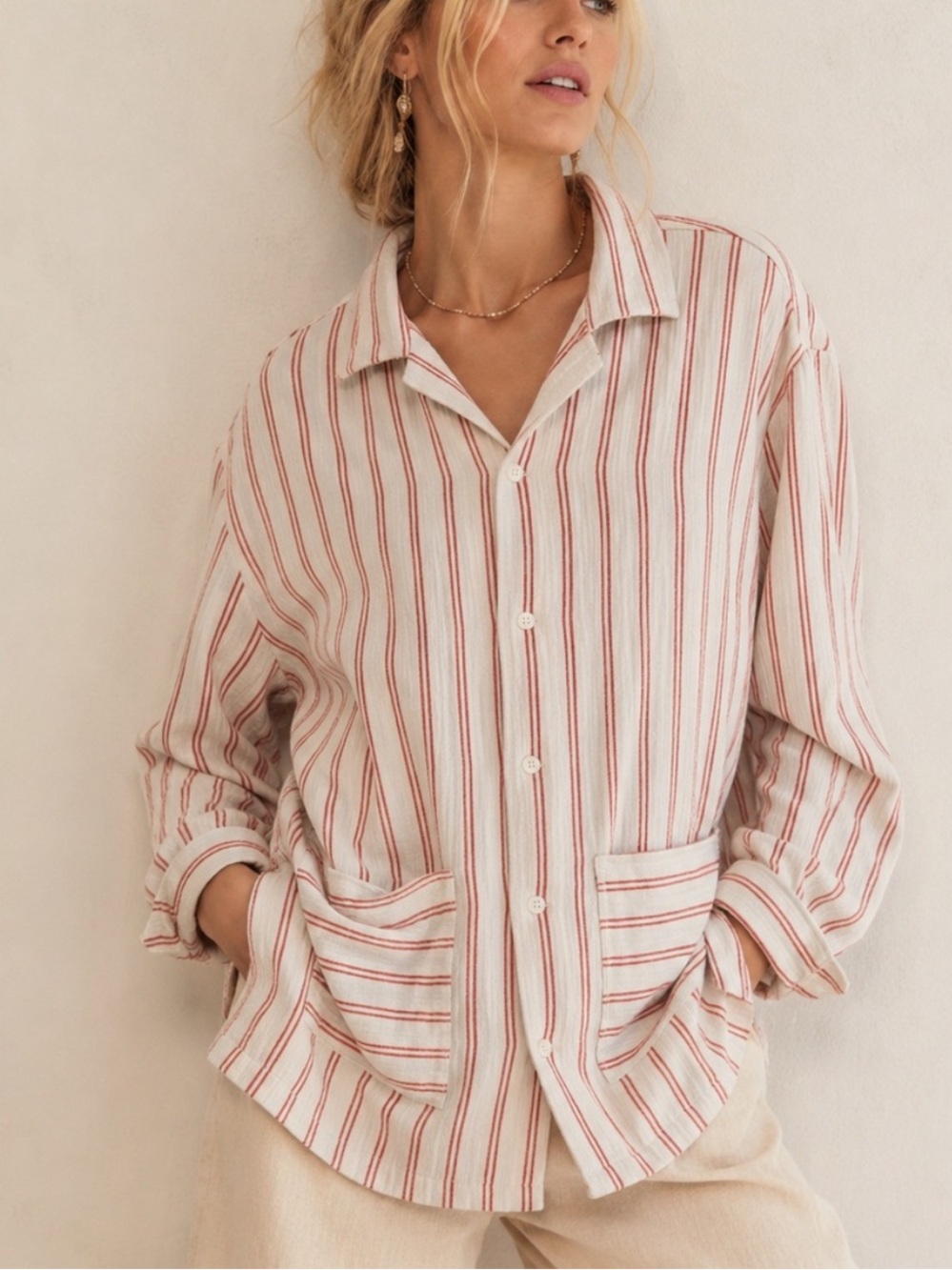Zara Cream & Red Striped Cotton Gauze Button-Down Shacket Overshirt XL